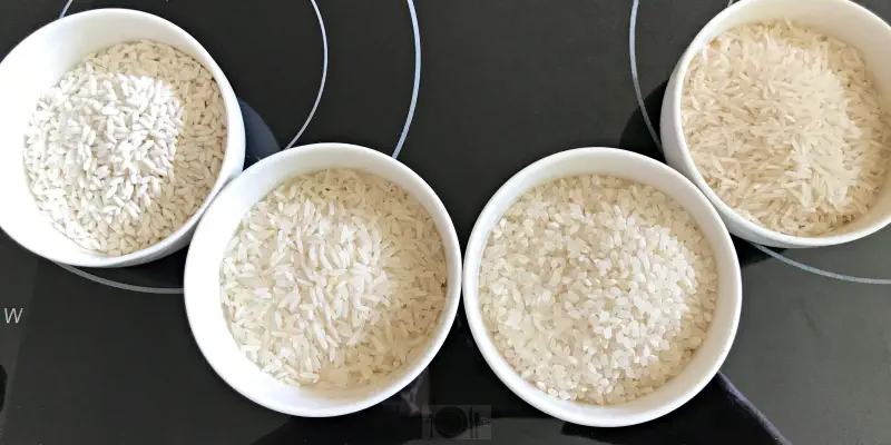 Geschälter weißer Reis in verschiedenen Reissorten